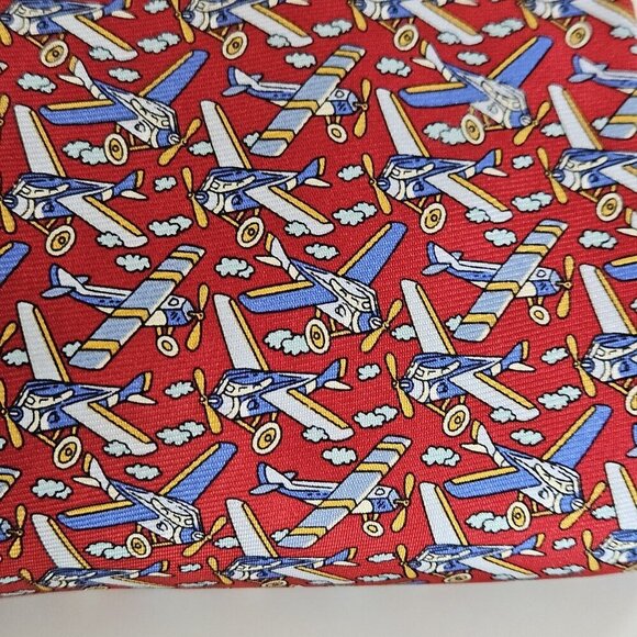 Beaufort Tie Rack Silk Tie Italy Red Multicolor Airplanes Clouds AOP W3.75 L59.5 - Picture 5 of 16